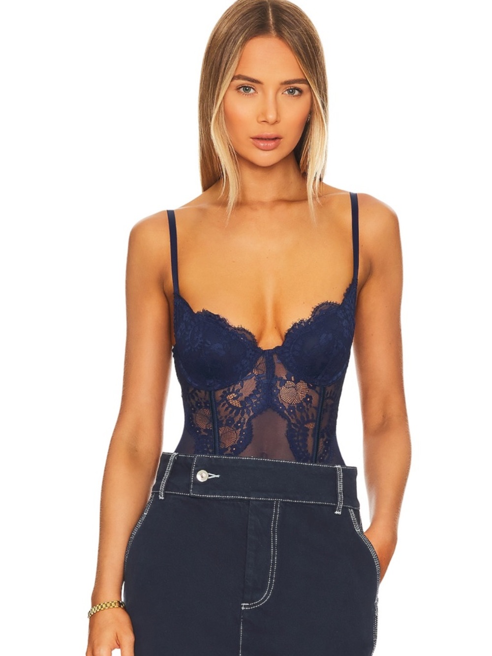 Navy Lace Sheer Underwire Bodysuit